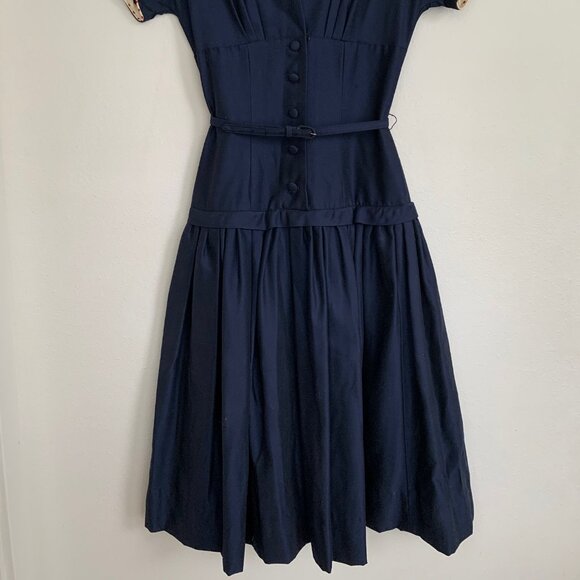 Vintage 50s Navy Belted Party Dress Cocktail Fitted Size XSmall Rockabilly - Picture 2 of 9